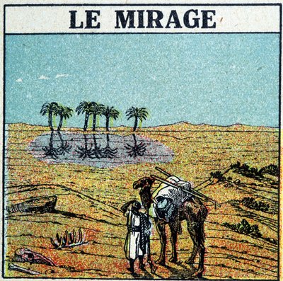Homme dans le désert, avec son chameau, face à un mirage - Unknown artist