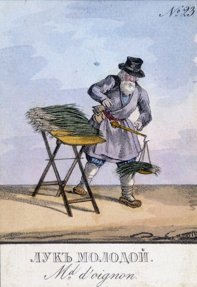 Homme pesant des oignons sur une balance accrochée à sa ceinture. Illustration du 19ème siècle. Gravure du 19ème siècle - Unknown artist