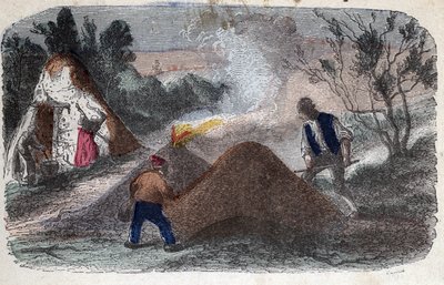 Fabrication de charbon au XIXe siècle : charbonniers devant des meules composées de bois et d