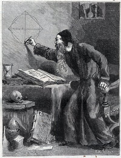 Mathématiques et Géométrie : Chercheur scientifique de la quadrature du cercle au XVIe siècle. Gravure dans « La Nature » 1890. Collection privée. - Unknown artist