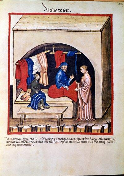 Commerce de la médecine : « marchand de vêtements en soie » Page tirée de « Tacuinum sanitatis » (Cod. ser. nov. 2644) Vers 1400. Vienne, Österreichische Nationalbibliothek - Unknown artist