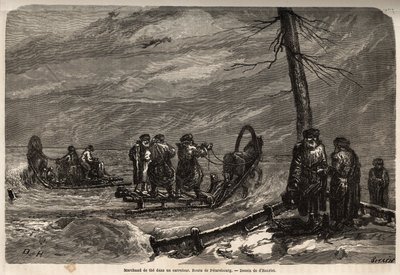 Marchand ambulant, à un carrefour enneigé de la route de Saint-Pétersbourg. Dessin de Henriet, pour illustrer son voyage dans les provinces baltes russes en 1851-54. Gravure dans "Le tour du monde", édité par Edouard Charton - Unknown artist