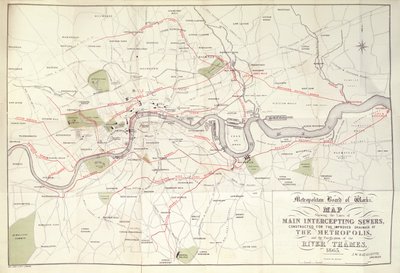 Carte du Metropolitan Board of Works du plan de Bazalgette pour les lignes des égouts principaux intercepteurs, construits pour l