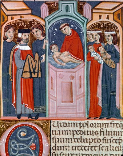 Scène de baptême miniature tirée du Code Justinien (Codex Justinianus), recueil de lois et d