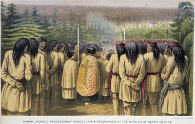 Mission des Sept Îles : procession catholique des Montagnais et Nasquapées à la Maison des Sept Îles - dans « Exploration of the Labrador Peninsula » par Hind, Londres - Unknown artist