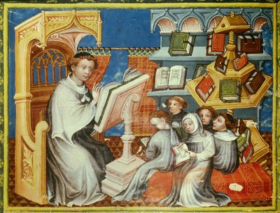École monastique du couvent des ermites de Saint-Augustin à Paris : un moine sur une chaire lit une leçon avec des adolescents tonsurés mais aussi avec des laïcs. À droite, une roue de livre. Miniature dans la "bible historiale" de Pierre Comestor - Unknown artist