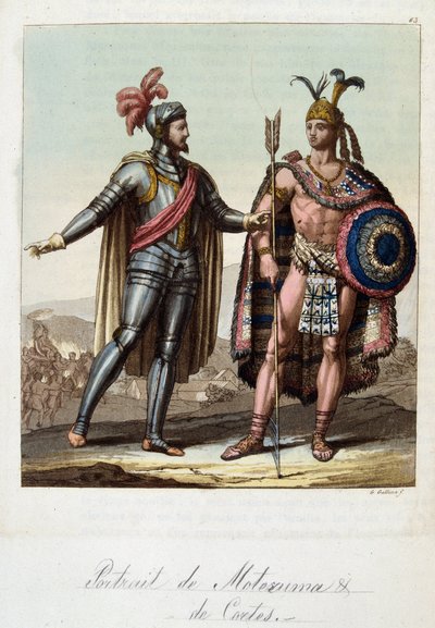 Montezuma II, roi aztèque, et Hernan (ou Hernando) Cortes ou Fernand Cortez (1485-1547), conquistador espagnol - dans « Le Costume ancien et moderne » par Ferrario, éd. Milan - Unknown artist