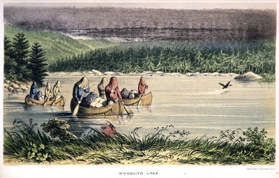 Lac des Moustiques au Canada : Indiens traversant le lac en canoë avec des moustiquaires sur la tête - dans « Exploration of the Labrador Peninsula » par Hind, Londres - Unknown artist