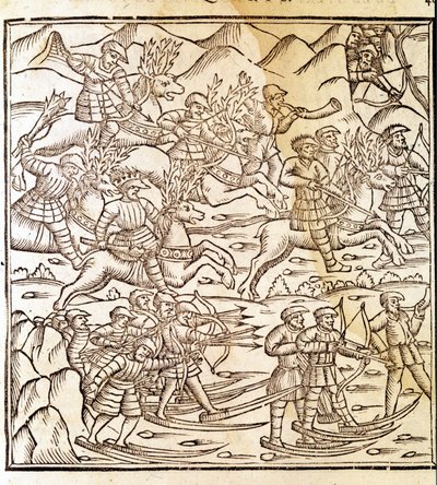 Chasseurs norvégiens voyageant sur des skis et des rennes. Gravure d