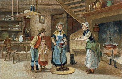 Ancienne coutume célébrée dans la région du Dauphiné : La boudinée. Chromolithographie de la fin du 19ème siècle - Unknown artist