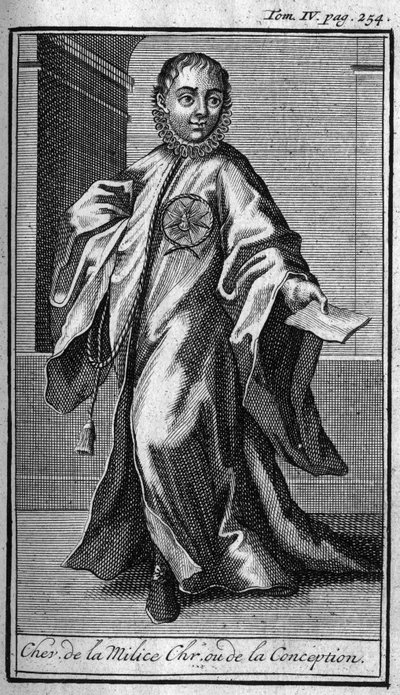 Ordres de Chevalerie. Chevalier de la milice chrétienne ou de la conception en Allemagne au 17ème siècle. Dans « Histoire des ordres militaires ou chevaliers, des milices séculières et régulières des deux sexes, qui ont été établis jusqu