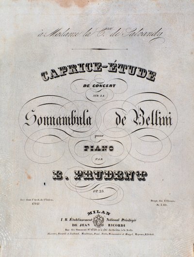 Page de la partition pour un Caprice-étude pour piano par Emile Prudent basé sur La sonnambula de Vincenzo Bellini - Unknown artist