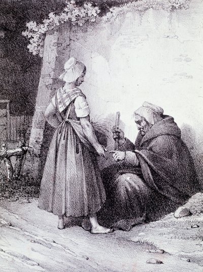 Chiromancie : une vieille diseuse de bonne aventure lit la main d