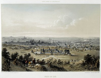 Paris en 1620, vue générale prise de la Butte Chaumont - lithographie - Unknown artist