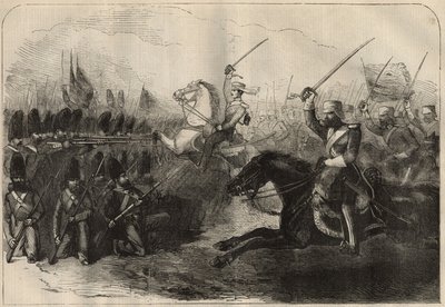 Guerre anglo-persane (1856-1857) : la charge de la 3ème cavalerie indo-britannique commandée par le capitaine Forbes lors de la bataille de Koosh-Ab le 8 février - Unknown artist
