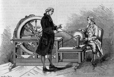 Expérience de physique au XVIIIe siècle : lueur produite par une machine électrique. Gravure dans « La Nature : revue des sciences et de leurs applications aux arts et à l
