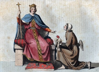 Portrait de Frédéric II de Hohenstaufen, empereur du Saint-Empire romain germanique, avec son fauconnier (gravure de 