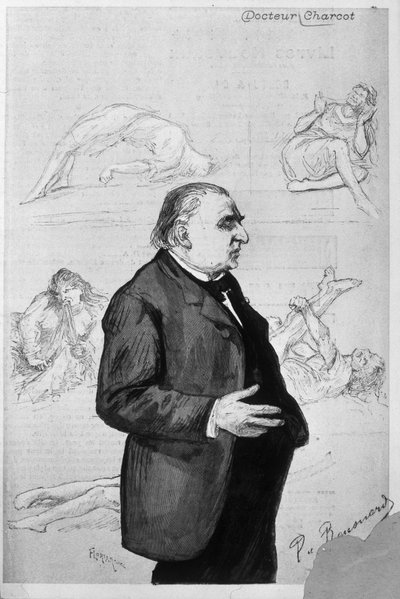 Portrait de Jean Martin Charcot (1825 - 1893) avec des dessins représentant des patients souffrant d