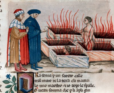Portrait du poète italien Dante Alighieri avec Virgile parmi les hérétiques comme Farinata degli Uberti (chant 10 de l