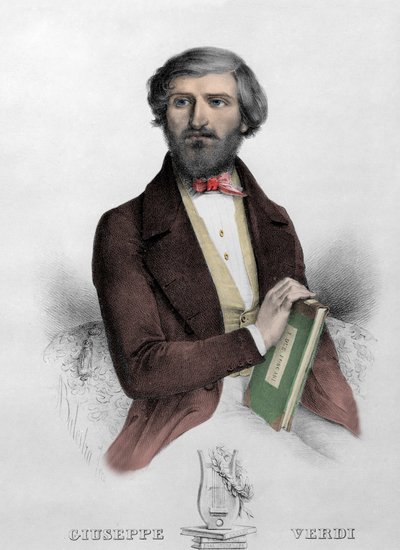 Portrait du compositeur italien Giuseppe Verdi (1813 - 1901) avec la partition de « I Due Foscari » Gravure de 1844. - Unknown artist