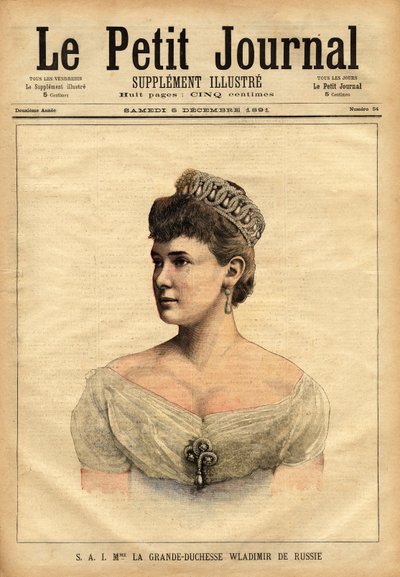 Portrait de la grande duchesse Vladimir de Russie, née en 1854, princesse Marie de Mecklembourg-Schwerin (Mecklembourg Schwerin) et mariée en 1874 au frère cadet du tsar, grand-duc Vladimir Alexandrovitch Romanov (1847-1909). Gravure dans « Le petit journa - Unknown artist