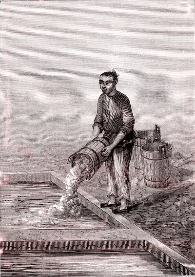 Versement de la chaux dans le bassin, fabrication du papier en Chine (IIIe siècle av. J.-C.) (gravure) - Unknown Artist
