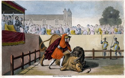 Pépin le Bref abat un lion combattant un taureau - gravure - Unknown artist