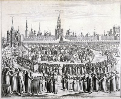 Procession des Fleurs de Pâques devant la Porte du Saint-Sauveur et le Kremlin à Moscou. Gravure du 19ème siècle - Unknown artist