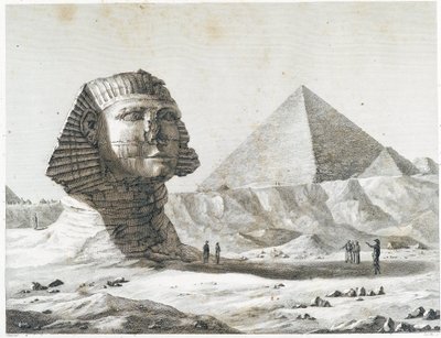 Pyramides de Gizeh : vue du Sphinx et de la Grande Pyramide, prise du sud-est - dans "Description de l