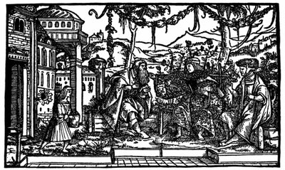 Raphaël Hythlodée, un voyageur qui a passé cinq ans en Utopie, raconte à Thomas More et Pierre Gilles son voyage. Xylographie publiée dans l