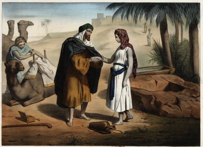 Rebecca et Éliézer au puits : Éliézer de Damas, chargé de trouver une épouse pour Isaac en Mésopotamie, ramène Rebecca. Gravure anonyme du 19ème siècle - Unknown artist
