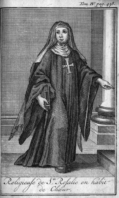 Ordre religieux. Religieuse de Sainte Rosalie en habit de chœur à Palerme en Sicile au 17e siècle. Dans « Histoire des ordres militaires ou chevaliers, des milices sécurisées et routinières des deux sexes, qui ont été établies jusqu