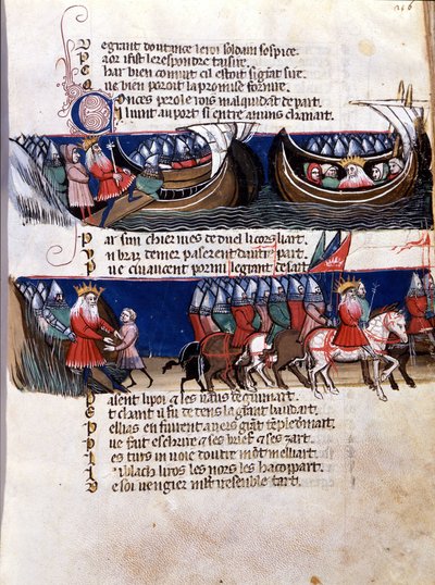 Représentation de Charlemagne (742-814) lors de ses conquêtes : il navigue sur un navire et guide ses armées. Miniature du manuscrit franco-italien « Entrée d
