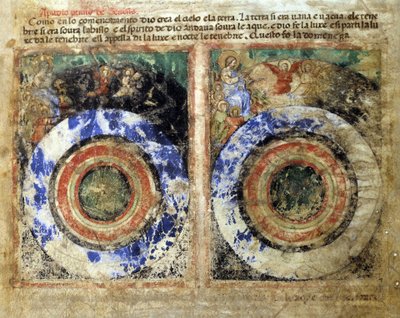 Représentation de la création du monde. Genèse. Miniature du codex 212 (ou codice padovano ou Bible de Padoue) 1390-1400 Rovigo, Accademia dei Concordi - Unknown artist