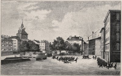 Révolution de Genève du 7 au 8 octobre 1846 (révolution fazyste) : défense de Saint-Gervais le 7 octobre 1846 - Vue de la Place de Bel-Air et des Ponts-de-l