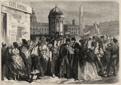 Révolution de septembre 1868 en Espagne (Gloriosa) : lecture du manifeste de la junte, dans la rue d