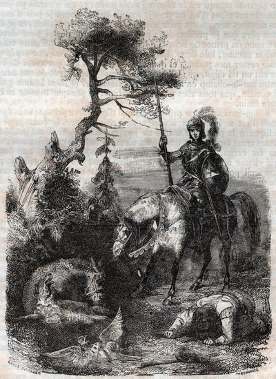 Roger utilisant le bouclier enchanté - gravure de 1851 de "Roland furieux" (Orlando furioso) (16ème siècle) par Ludovico Ariosto, dit l