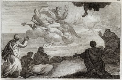 Bible de Royaumont, Nouveau Testament : Ascension de Jésus-Christ. Le Christ est emporté au ciel et bénit les apôtres avant de disparaître dans un nuage. Illustration de 1811. - Unknown artist