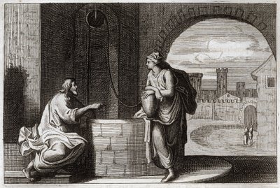 Bible de Royaumont, Nouveau Testament : Christ et la Samaritaine au puits. Jésus-Christ convertit une femme samaritaine. Illustration de 1811. - Unknown artist