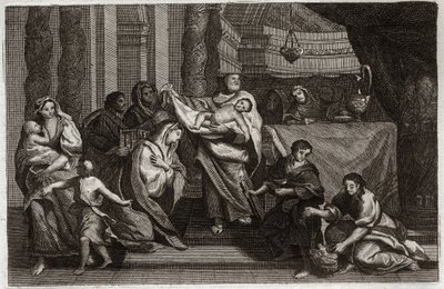 Bible de Royaumont, Nouveau Testament : Purification de la Vierge ou présentation au Temple. La Sainte Famille offre Jésus-Christ au Temple et le donne à Symeon (ou Siméon ou Simon). Une femme tient deux colombes dans un panier. Illustration de 1811 - Unknown artist