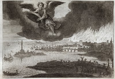 Bible de Royaumont, Nouveau Testament : Ruine de Babylone. Babylone en feu, un ange jette une pierre à la mer, symbolisant la destruction de cette ville lors de l