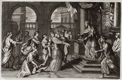 Bible de Royaumont, Ancien Testament : Esther se présente devant le roi Xerxès I (Assuérus I), avec l