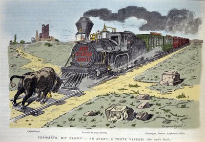 Vignette allégorique satirique : le taureau symbole du capitalisme tente d