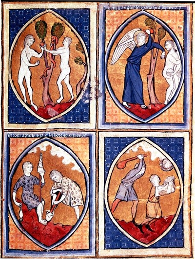 Scènes de la Bible représentées en mandorles. En haut, Adam et Ève cueillant le fruit défendu, puis chassés du paradis. En bas, Adam travaille la terre et Ève file la laine, Caïn et Abel. Miniature d