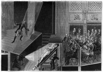 Spectacles scientifiques : spectres vivants. Coupe de la salle montrant le dispositif de l