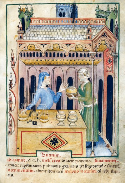 Boutique avec pain au beurre et deux femmes, illustration du Tacuinum sanitatis - Unknown artist