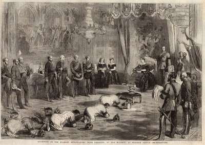 Les ambassadeurs siamois rampant devant la reine Victoria et le prince Albert lors de leur visite au château de Windsor. Gravure dans The Illustrated London News du 5 décembre 1857. - Unknown artist