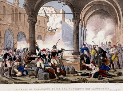 Siège de Saragosse et le couvent des Capucins en 1808. Gravure en couleur de l