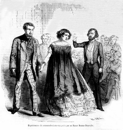 Expériences de somnambulisme : magnétisme et hypnose au Bazar de la Bonne-Nouvelle, gravure de 1885 - Unknown artist