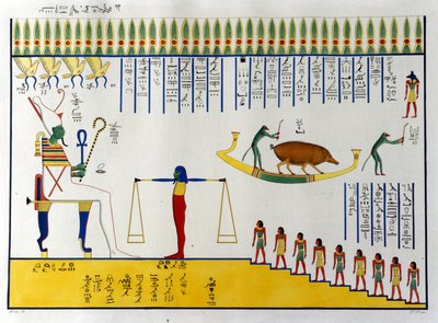 Les âmes sont pesées par Osiris puis, selon le jugement, rejoignent les esprits libres ou retournent dans des corps d